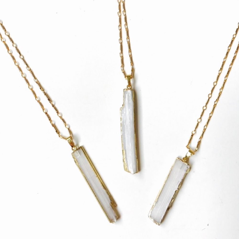 Raw Selenite Stick Dipped in 14K Gold Necklace - Picture 2 of 10